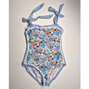 Asher NWOT Floral One Piece Swimsuit Blue Tie Shoulder Sleeveless Swimwear Small